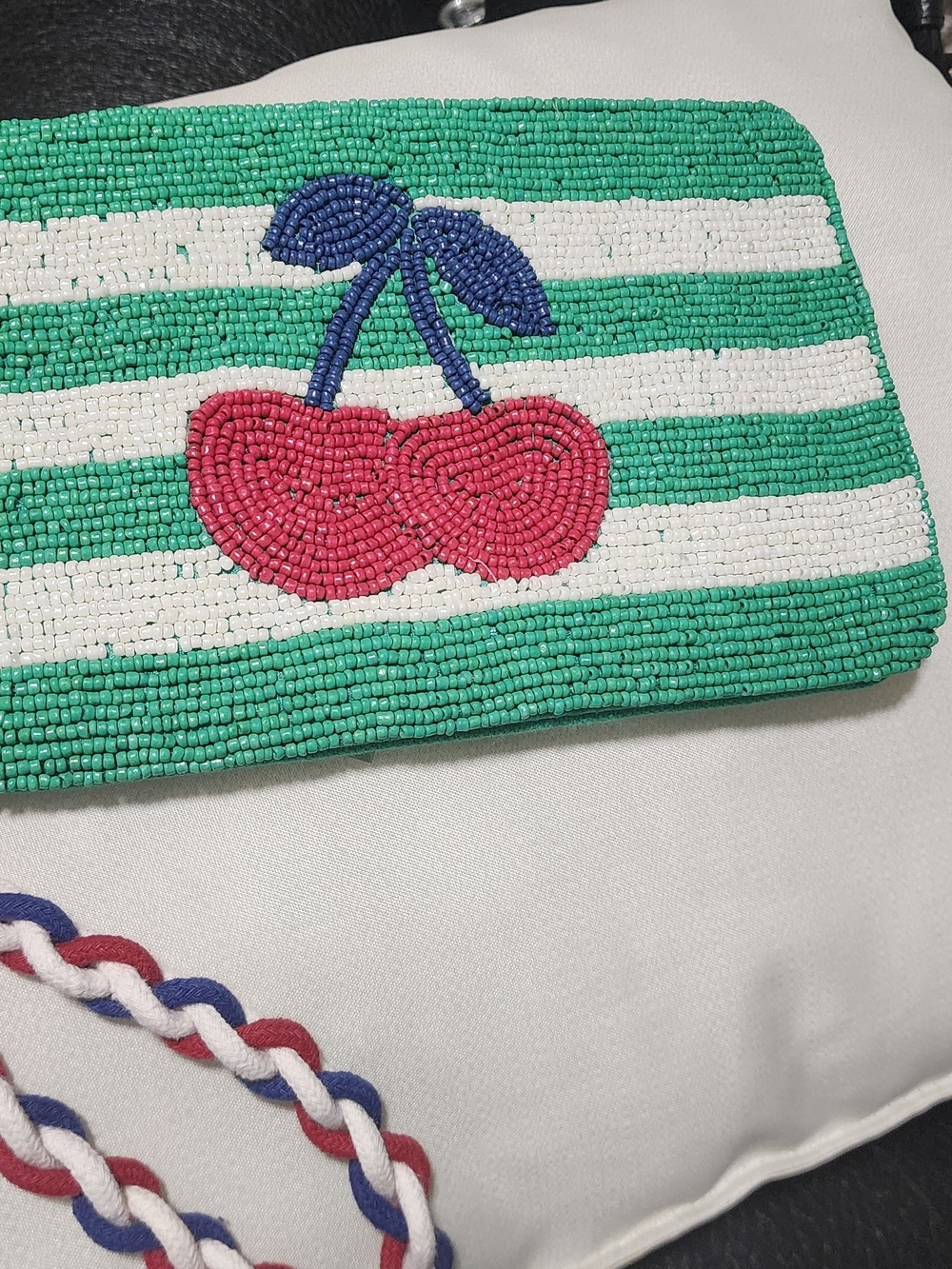 Beaded Cherry Stripe Crossbody Clutch - Green, White,